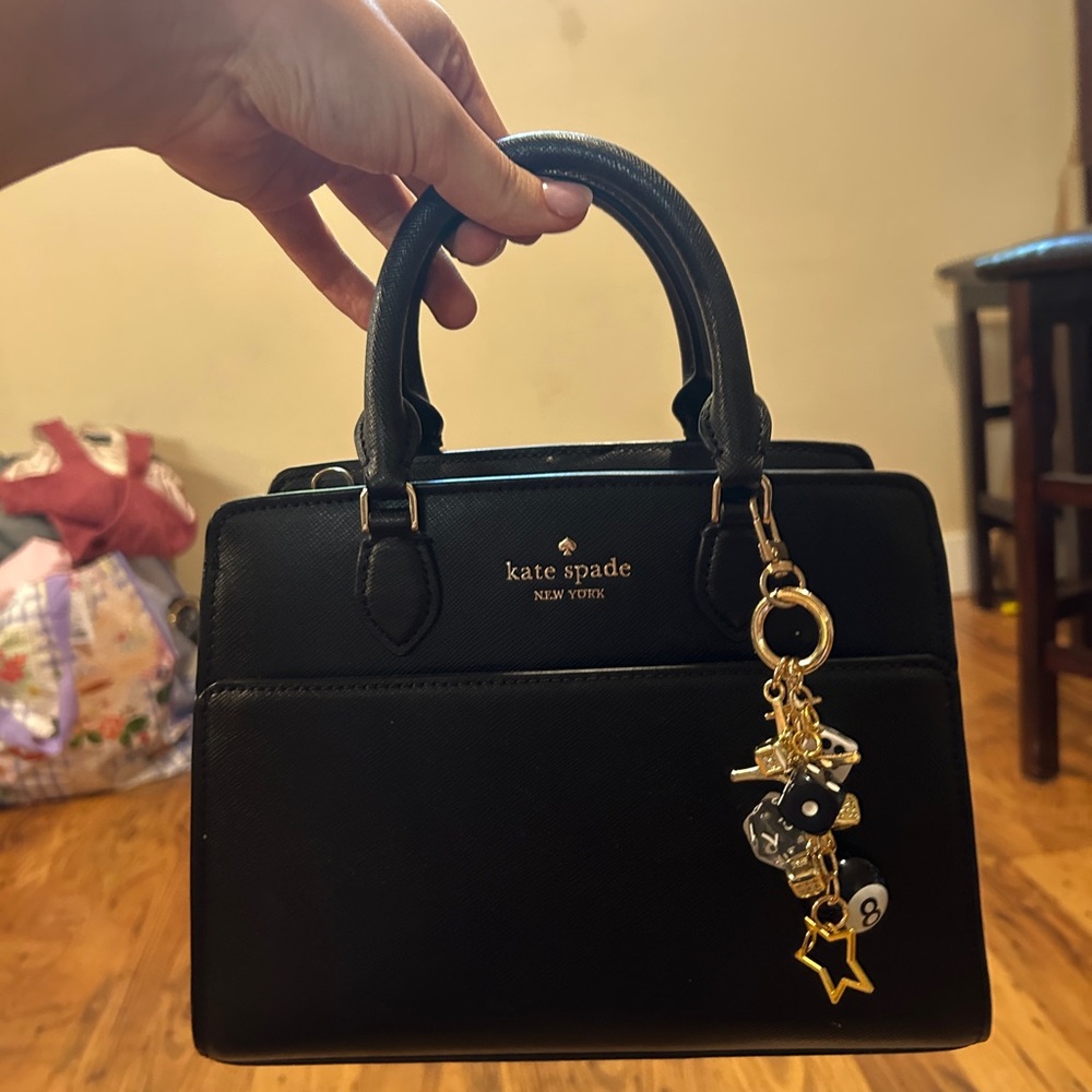 Kate Spade Black Leather Purse with Gold hardware and removable long strap